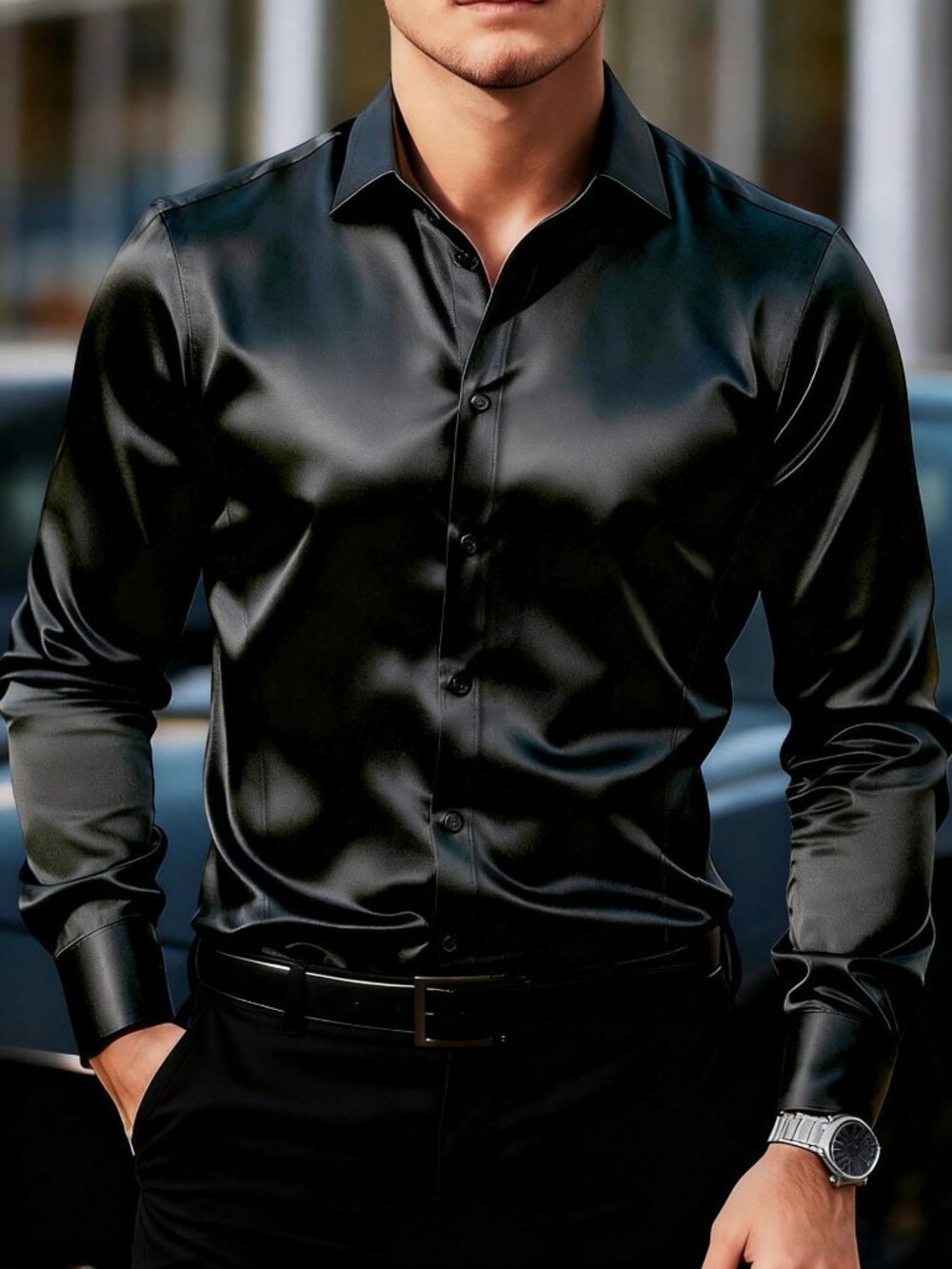 Black Business Men's Elegant Long Sleeve Button Front Regular Fit Shirt